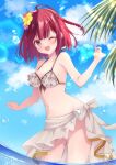  1girl ;d ahoge atelier_(series) atelier_sophie_2 bare_shoulders bikini blue_sky braid breasts cloud commentary_request cowboy_shot day flower frilled_bikini frills hair_flower hair_ornament hand_up hibiscus lens_flare looking_at_viewer navel ocean official_alternate_costume one_eye_closed open_mouth outdoors red_hair sarong shizuki_ayame short_hair sky small_breasts smile solo sophie_neuenmuller sophie_neuenmuller_(white_canvas) standing swimsuit water white_bikini 