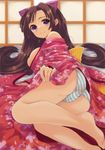  absurdres ass bangs bare_legs bare_shoulders barefoot blurry bow breasts brown_hair cameltoe floral_print hair_bow highres japanese_clothes kimono legs long_hair looking_at_viewer lying medium_breasts obi off_shoulder on_side original panties parted_bangs purple_eyes sakurai_unan sash scan smile solo striped striped_panties underwear 