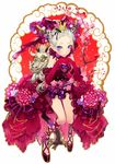  blue_eyes blush bow dragon dress flower hair_bow hair_flower hair_ornament highres kishiwada_robin new_year original solo 