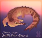 2022 ambiguous_gender brown_body brown_eyes brown_scales crocodilian crocodylid digital_media_(artwork) digital_painting_(artwork) english_text false_gharial feral full-length_portrait gavialid gradient_background handwritten_text hi_res jaspering portrait reptile scales scalie shaded simple_background snout solo species_name tail teeth text