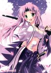  absurdres blue_eyes blush breasts cherry_blossoms cleavage copyright_request hairband happy highres iwa_(alpaca_oukoku) long_hair medium_breasts ponytail purple_hair sarashi sky solo sword weapon 
