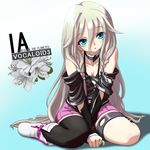  bare_shoulders blonde_hair blue_eyes boots braid choker danbora ia_(vocaloid) long_hair looking_at_viewer open_mouth silver_hair single_thighhigh sitting skirt solo thigh_strap thighhighs twin_braids very_long_hair vocaloid 