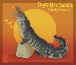 2022 ambiguous_gender character_name crocodile crocodilian crocodylid digital_media_(artwork) digital_painting_(artwork) directional_arrow english_text eyes_closed feral full-length_portrait gradient_background green_body green_scales handwritten_text hi_res jaspering nile_crocodile open_mouth open_smile portrait reptile scales scalie simple_background smile solo species_name tail teeth text yellow_text
