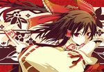  bow brown_hair detached_sleeves hair_bow hair_tubes hakurei_reimu koumei_(harmonizer) mouth_hold red_eyes solo talisman touhou 