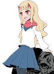  arms_behind_back blonde_hair blush hitsuji_bako horns long_hair oni open_mouth original pantyhose pleated_skirt pointy_ears red_eyes scarf skirt solo sweater wavy_hair 