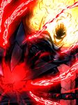  belt black_cape burning_head cape claws demon dormammu fire foreshortening glowing jin_(mugenjin) looking_at_viewer magic marvel marvel_vs._capcom marvel_vs._capcom_3 open_mouth outstretched_arm red_background simple_background smile solo upper_body 