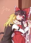  2girls animal_ear_fluff animal_ears arm_belt ascot black_bow black_vest blonde_hair blush bow bow_choker brown_hair cat_ears cat_girl cat_tail choker closed_mouth collarbone commentary_request detached_sleeves frilled_bow frilled_hair_tubes frills hair_bow hair_tubes hakurei_reimu highres holding_another&#039;s_wrist kemonomimi_mode kirisame_marisa long_hair long_sleeves mito_(fate) multiple_girls no_headwear one_eye_closed red_bow red_eyes red_skirt ribbon-trimmed_sleeves ribbon_trim shirt signature skirt skirt_set smile tail touhou vest white_shirt yellow_ascot yuri 