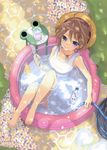  absurdres bare_legs barefoot blue_eyes book bottle brown_hair earrings feet flower from_above hair_ornament hairclip hat highres hose jewelry lens_flare looking_at_viewer looking_up original partially_submerged reclining sakurai_unan scan skirt smile solo straw_hat sun_hat wading_pool water water_bottle white_skirt 