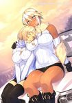  23_(real_xxiii) 2girls ahoge_girl_(23) between_thighs blonde_hair blue_eyes blush bmw boots breast_pillow breast_press breasts brown_hair car couple covered_nipples dark-skinned_girl_(23) dark_skin detached_sleeves gloves ground_vehicle hand_on_shoulder happy_new_year highres impossible_clothes impossible_sweater large_breasts motor_vehicle multiple_girls new_year on_vehicle original ribbed_sweater scarf shiny shirt short_hair short_shorts shorts sitting sleeping sleeping_upright smile sunrise sweater thighhighs v_arms wife_and_wife yuri 