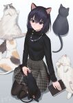  1girl absurdres animal_ears black_eyes black_hair black_pantyhose breasts cat cat_ears fake_animal_ears grey_background hair_between_eyes hand_on_book highres jewelry kuonji_alice legs_folded light_(nightty45) long_hair_between_eyes long_sleeves looking_at_viewer mahou_tsukai_no_yoru necklace pantyhose petting plaid_clothes plaid_skirt short_hair skirt small_breasts solo squatting tight_clothes turtleneck two-tone_background white_background 