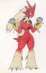  avian blaziken blue_eyes breasts claws female fire fur hi_res naturally_censored navel nintendo plain_background pok&#233;mon pok&eacute;mon red red_fur solo swordman16 tail video_games white_background 