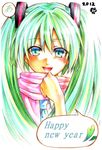  2012 bad_id bad_pixiv_id green_hair happy_new_year hatsune_miku long_hair new_year nora_wanko pink_scarf scarf smile solo very_long_hair vocaloid 