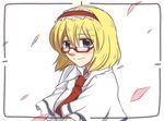  alice_margatroid bespectacled blonde_hair blue_eyes capelet glasses hairband neko_majin petals short_hair smile solo touhou upper_body viewfinder 