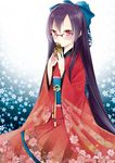  bad_id bad_pixiv_id bag blush bow dress floral_print flower glasses hadi_girl hair_bow japanese_clothes kagura_sae kimono long_hair miyabi_akino obi purple_hair red_dress red_eyes sash sitting solo very_long_hair 