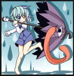  :q bare_legs barefoot blue_eyes blue_hair feet green_hair heterochromia highres karakasa_obake multicolored_hair nosada purple_hair purple_umbrella rain red_eyes short_hair solo tatara_kogasa tongue tongue_out touhou umbrella 