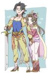  1boy 1girl aerith_gainsborough arm_hug bare_shoulders black_hair blue_eyes blue_shirt boots brown_hair cape celes_chere celes_chere_(cosplay) commentary_request cosplay couple detached_sleeves dress final_fantasy final_fantasy_vi final_fantasy_vii final_fantasy_vii_ever_crisis green_eyes hair_ornament heart height_difference high_ponytail highres holding holding_hands holding_sword holding_weapon jacket long_hair looking_at_viewer open_clothes open_jacket open_mouth oshibainoticket pants pantyhose parted_bangs pink_dress pink_footwear shirt short_hair smile standing sword terra_branford terra_branford_(cosplay) weapon white_footwear yellow_cape yellow_jacket yellow_pants zack_fair 