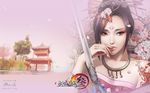  bare_shoulders hair_ornament highres jian_xia_qing_yuan jian_xia_qing_yuan_online_3 lips official_art solo sword tattoo wallpaper weapon zhang_xiaobai 