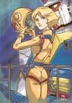  ass blonde_hair blue_eyes from_behind gundam helmet highres kujira_gunsou looking_back mobile_suit_gundam pilot_suit rx-78-2 sayla_mass 