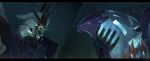  awatobi claws commentary_request cornix_(mobile_suit) crossbone_gundam crossbone_gundam:_koutetsu_no_shichinin crossbone_gundam_x-1 damaged from_side glowing glowing_eye green_eyes gundam highres letterboxed mecha mecha_focus mobile_suit no_humans portrait purple_eyes rain robot science_fiction signature skull_and_crossbones split_screen v-fin 