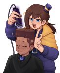  2girls a_hat_in_time aged_up barber_cape blue_eyes blush bow_kid brown_hair cape choso_giving_toudou_a_haircut_(meme) closed_eyes closed_mouth commentary dark-skinned_female dark_skin fang hair_clipper hair_tie hannesfkr hat hat_kid hat_ribbon highres holding jacket long_sleeves meme mini_hat multiple_girls open_mouth ponytail purple_hat purple_jacket ribbon simple_background skin_fang star_(symbol) symbol-only_commentary top_hat white_background yellow_cape yellow_ribbon zipper_pull_tab 
