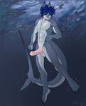  big_penis blue_hair erection fin fish hair looking_at_viewer male marine navel orion penis pin purplepardus shark simple_background solo swimming thresher underwater up water 