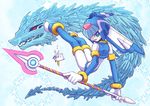  blue_eyes blue_hair bodysuit dragon gloves helmet leviathan_(rockman) nasu_(roda_de_estrela) polearm rockman rockman_zero solo spear weapon 