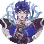  1boy absurdres blue_eyes blue_shirt brown_gloves chinese_commentary commentary_request fingerless_gloves gloves hand_up hermit_purple highres holding_own_wrist jojo_no_kimyou_na_bouken joseph_joestar joseph_joestar_(young) lantern_madoyoi looking_at_viewer male_focus muscular muscular_male phantom_blood plant round_image shirt short_hair shoulder_pads simple_background sleeveless sleeveless_shirt solo spiked_hair star_(symbol) stone_mask_(jojo) thorns upper_body vines white_background 