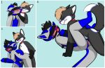  absurd_res anthro ball_gag blindfold border canid canine chastity_cage chastity_device collar collar_only comic dragon duo fathom_dragon fox from_behind_position from_front_position gag hi_res jax_collie lying male male/male mammal missionary_position mythological_creature mythological_scalie mythology nude on_back pinned pokusa restraints scalie sex smile smirk white_border 