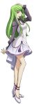  1girl arm_up bare_legs breasts c.c. chiba_yuriko cleavage_cutout code_geass contrapposto dress green_hair grey_dress hand_on_own_head high_heels layered_dress light_smile long_hair looking_at_viewer medium_breasts official_art simple_background watermark white_background yellow_eyes 