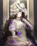 1girl absurdres black_hair blurry blurry_background commission dagger dress gloves gown hat highres holding holding_dagger holding_knife holding_weapon isolde_(reverse:1999) juliet_sleeves knife long_hair long_sleeves looking_at_viewer making-of_available paint_on_clothes paint_splatter paint_splatter_on_face puffy_sleeves purple_eyes reverse:1999 smile solo upper_body veil very_long_hair weapon white_dress white_hat white_veil yellow_gloves youzha_ligui 