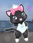  beach blush bow cat clothed clothing diamond_(jewel_pet) diana feline female grey_eyes jewel_pet jewelry kaitendo looking_at_viewer mammal navel necklace one-piece_swimsuit outside pendant seaside skimpy smile solo standing swimsuit tail teeth tooth water 