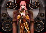  bad_id bad_pixiv_id blue_eyes boots chair crossed_legs long_hair looking_at_viewer megurine_luka pink_hair sitting skirt smile solo speaker thighhighs vocaloid yakitori_(oni) 