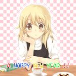  :o blonde_hair blush book brown_eyes checkered checkered_background cup food hiiragi_mitsuna holding holding_spoon kirisame_marisa long_hair new_year no_hat no_headwear plate solo spoon table touhou 