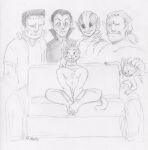2024 animal_humanoid anthro blush bottomwear claws clothed clothing collar domestic_cat ear_fins ed_mortis eyebrows fangs felid feline felis fin fish fish_humanoid frankenstein&#039;s_monster fur furniture goblin graphite_(artwork) greyscale grin group hair hand_on_another&#039;s_head hindpaw humanoid humanoid_pointy_ears male male/male mammal marine marine_humanoid meme monochrome navel nipples on_sofa orc patchwork_creature paws pecs pencil_(artwork) piper_perri_surrounded pointy_ears pupils shorts sitting sitting_on_sofa size_difference sketch slit_pupils smile sofa surgical_suture tail teeth toe_claws topless traditional_media_(artwork) underbite vampire whiskers