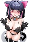  1girl alternate_costume animal_ears bikini black_bikini black_choker black_gloves black_hair black_thighhighs blue_archive blunt_bangs blush breasts breath cat_ears cat_tail choker claw_pose colored_inner_hair commentary_request cosplay elbow_gloves fangs from_above full_body fur_bikini gloves hair_intakes hair_ornament hairclip halo highres kazusa_(blue_archive) keishi_surota kneeling large_breasts looking_at_viewer mash_kyrielight mash_kyrielight_(dangerous_beast) mash_kyrielight_(dangerous_beast)_(cosplay) medium_hair multicolored_hair navel open_mouth pink_eyes pink_hair pink_halo simple_background solo string_bikini sweat swimsuit tail teeth thighhighs tongue two-tone_hair white_background 
