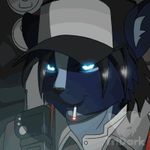  black_hair blue blue_eyes blue_fur builder eyes fur glowing glowing_eyes hair hat juneaue low_res male mammal scv short_hair skunk smoking solo starcraft terran tridark unit 