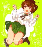  1girl bangs black_legwear black_neckwear blouse brown_eyes brown_hair commentary dutch_angle flower full_body girls_und_panzer green_background green_skirt hair_flower hair_ornament jumping koyama_yuzu legs long_sleeves looking_at_viewer macho_ojiji medium_hair miniskirt neckerchief no_shoes ooarai_school_uniform open_mouth pleated_skirt school_uniform serafuku short_hair short_ponytail sketch skirt smile socks solo w_arms white_blouse 