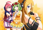  ahoge bad_id bad_pixiv_id blonde_hair blue_eyes gloves goggles goggles_on_head green_eyes green_hair gumi headphones lily_(vocaloid) long_hair microphone multiple_girls one_eye_closed red_eyes red_hair sf-a2_miki short_hair smile vocaloid yakitori_(oni) 