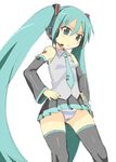  :&lt; aqua_eyes aqua_hair detached_sleeves hair_between_eyes hands_on_hips hatsune_miku headphones headset highres long_hair necktie okayu_(deleted) panties simple_background sketch skirt solo striped striped_panties thighhighs twintails underwear very_long_hair vocaloid white_background 