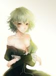  bad_id bad_pixiv_id bare_shoulders collarbone crossed_arms dress green_dress green_eyes green_hair katari off_shoulder open_clothes open_dress short_hair soga_no_tojiko solo touhou 