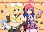  3girls ahoge bad_id bad_pixiv_id baking blonde_hair blue_eyes cooking hair_ribbon headphones highres kagamine_rin kaito long_hair megurine_luka multiple_girls navel open_mouth red_eyes red_hair ribbon sf-a2_miki short_hair smile vocaloid yakitori_(oni) 