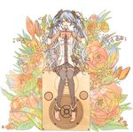  am_(amyu_amyu) blue_hair bow closed_eyes colorized flower full_body gloves hair_flower hair_ornament hair_ribbon hairband hatsune_miku highres legs long_hair ribbon shoes sitting skirt smile solo speaker thighhighs transparent_background twintails very_long_hair vocaloid zettai_ryouiki 