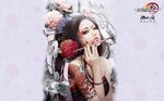  bare_shoulders flower hair_ornament highres jian_xia_qing_yuan jian_xia_qing_yuan_online_3 official_art paintbrush snow solo tattoo wallpaper zhang_xiaobai 