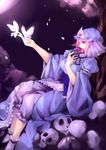  breasts bug butterfly cherry_blossoms fan folding_fan ghost hat highres insect japanese_clothes kalalasan medium_breasts petals pink_hair red_eyes saigyouji_yuyuko saigyouji_yuyuko's_fan_design short_hair sitting skull socks solo touhou tree triangular_headpiece 