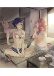  2girls artbook barefoot bikini_top blue_hair bra breasts commentary dimples_of_venus dr_pepper drill_hair electric_fan english_commentary fan feet front-tie_top glasses hakamichi_shizune hands_on_feet highres hot indian_style jpeg_artifacts katawa_shoujo kneehighs lingerie mikado_shiina moekki multiple_girls nakai_hisao official_art open_fly panties pink_hair scan short_hair short_shorts shorts sitting sleeping small_breasts striped striped_panties sweat tatami twin_drills twintails underboob underwear underwear_only unzipped 