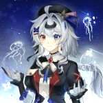  1girl ahoge ascot black_ascot black_hair black_jacket black_ribbon blue_background blue_eyes blue_eyeshadow bow bowtie closed_mouth commission eyeshadow gloves gradient_background hair_ornament hair_ribbon hands_up heterochromia highres jacket jellyfish juliet_sleeves light_particles light_smile long_hair long_sleeves looking_at_viewer low_ponytail makeup mole mole_under_each_eye mole_under_eye multicolored_background multicolored_hair multiple_moles original puffy_sleeves red_eyes ribbon shirt smile solo sparkle_hair_ornament streaked_hair upper_body white_background white_bow white_bowtie white_gloves white_hair white_shirt x_hair_ornament youzha_ligui 