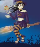 anthro bottomwear broom broom_riding cleaning_tool clothing femboy flat_triangles flying food footwear fruit halloween hi_res high_heels holidays male moon plant pumpkin shoes skirt solo