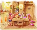  2girls bird blonde_hair bowl bud_(lom) cabinet cactus candle cat chair crab door elazul feathers fireplace green_hair lady_pearl legend_of_mana lil'_cactus lisa_(lom) mog_(moglist) multiple_boys multiple_girls penguin plate pot purple_hair rug seiken_densetsu spoon table teapot toto_(lom) valerie_(lom) 