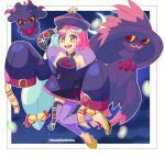  1girl :d absurdres alternate_costume bell blue_hair crescent_moon full_body hair_bell hair_ornament hat highres hoshinokotta iono_(pokemon) jiangshi long_hair long_sleeves misdreavus mismagius moon multicolored_hair open_mouth pink_hair pokemon pokemon_(creature) pokemon_sv purple_hat sharp_teeth sleeves_past_fingers sleeves_past_wrists smile solo teeth twintails two-tone_hair upper_teeth_only very_long_hair wide_sleeves 