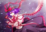  black_dress bow capelet crossed_arms dress dutch_angle frills gradient gradient_background hat hat_bow hat_ribbon long_sleeves looking_at_viewer maruyama_kurehiro nagae_iku open_hand open_mouth purple_background purple_hair red_eyes ribbon shatter shawl short_hair simple_background smile solo touhou 